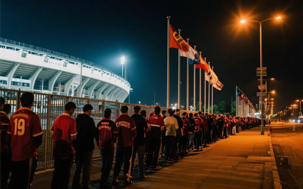 夜晚的体育场外球迷排队入场，路灯与旗帜，电影感纪实风